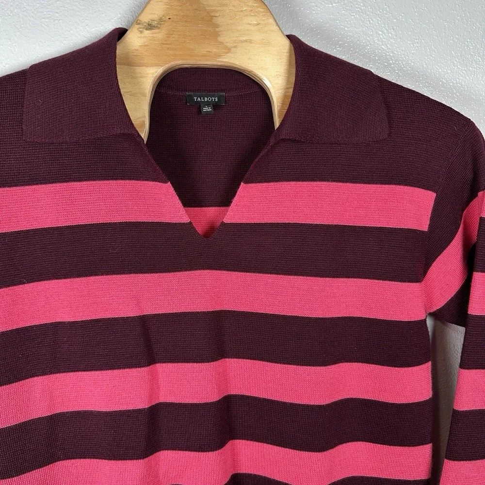 TALBOTS Wool Blend Johnny Collar Polo‎ Pullover Sweater Large Maroon Pink Stripe